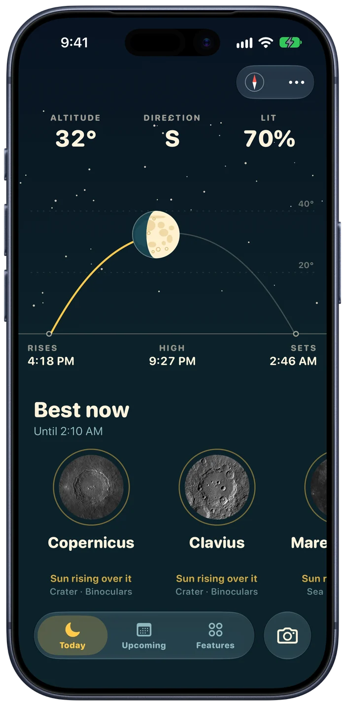 Moonbound Today screen: the Moon in the sky and the best sights now