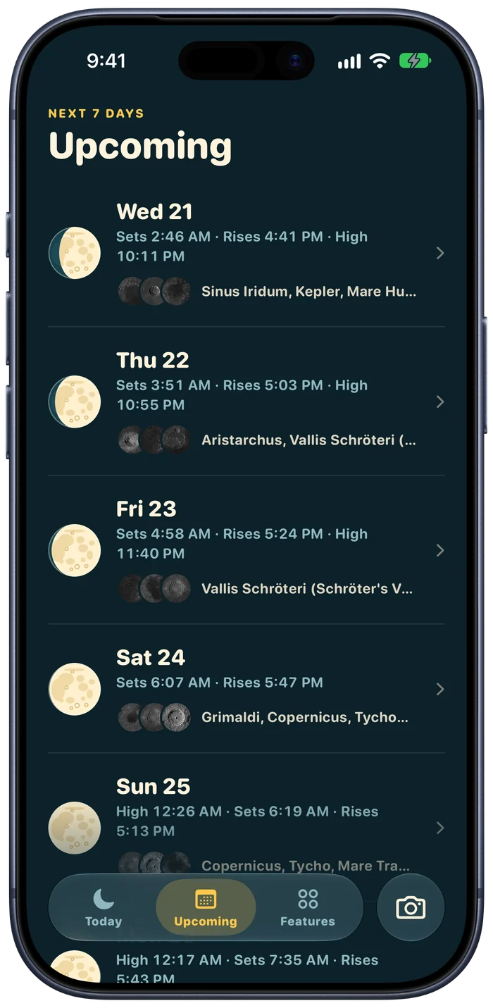 Moonbound Upcoming screen: the next seven nights